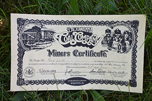 Certificate of completion coal mine tour in Pennsylvania