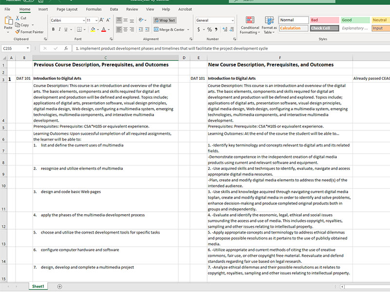 Screengrab of the Excel document comparing old and proposed courses.