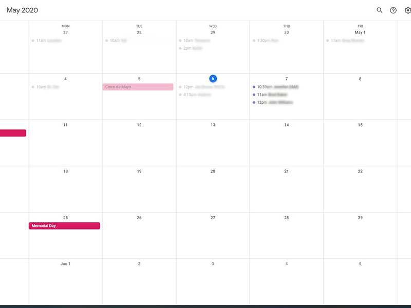 Screen grab image of Google calendar for May 2020.