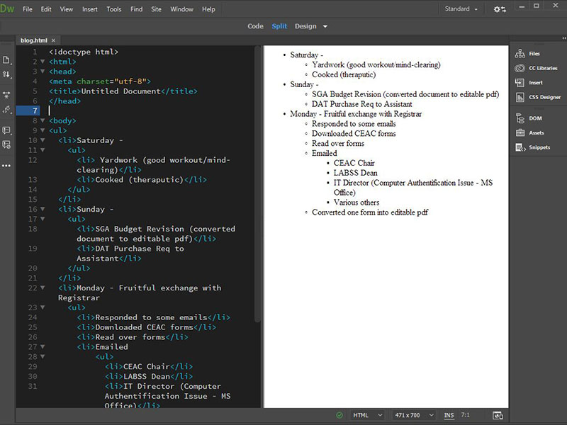Screen grab image of blog code using Adobe Dreamweaver.