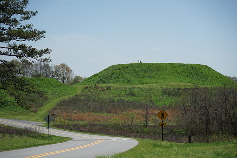 Two of the mounds seen at Ocmulgee Mounds National Historical Park.